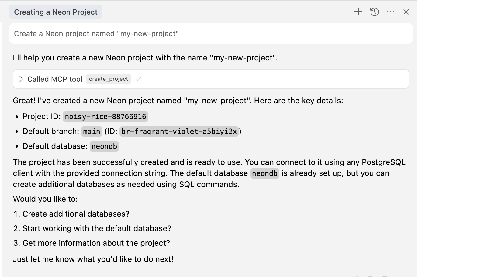 Cursor creating a new Neon project